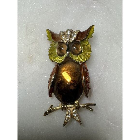 VTG ART Amber Glass Jelly Belly Rhinestone Owl Pin Brooch Gold Tone - Picture 1 of 6